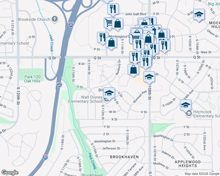 map of restaurants, bars, coffee shops, grocery stores, and more near 11141 U Street in Omaha