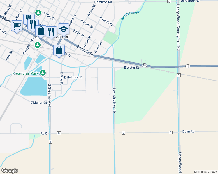 map of restaurants, bars, coffee shops, grocery stores, and more near 640 East Holmes Street in Deshler