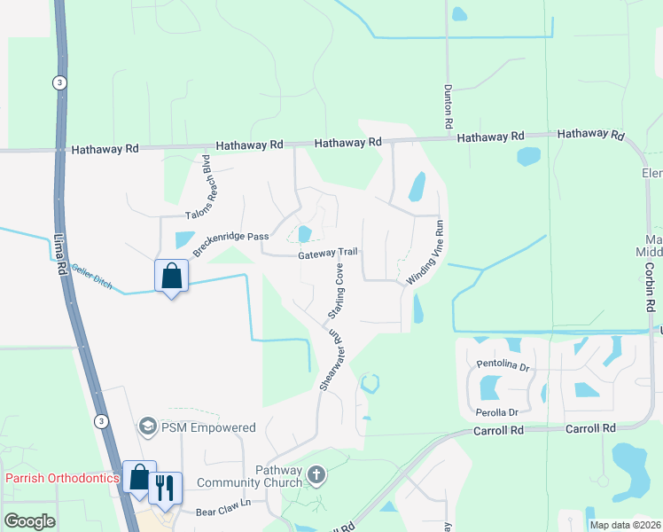 map of restaurants, bars, coffee shops, grocery stores, and more near 13079 Starling Cove in Fort Wayne