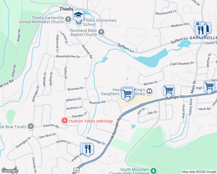 map of restaurants, bars, coffee shops, grocery stores, and more near 26 Crescent Drive in Thiells