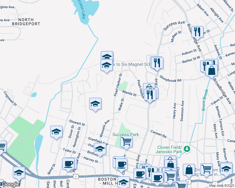 map of restaurants, bars, coffee shops, grocery stores, and more near 436 Pearl Harbor Street in Bridgeport