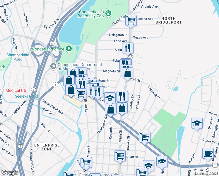 map of restaurants, bars, coffee shops, grocery stores, and more near 98 Palm Street in Bridgeport