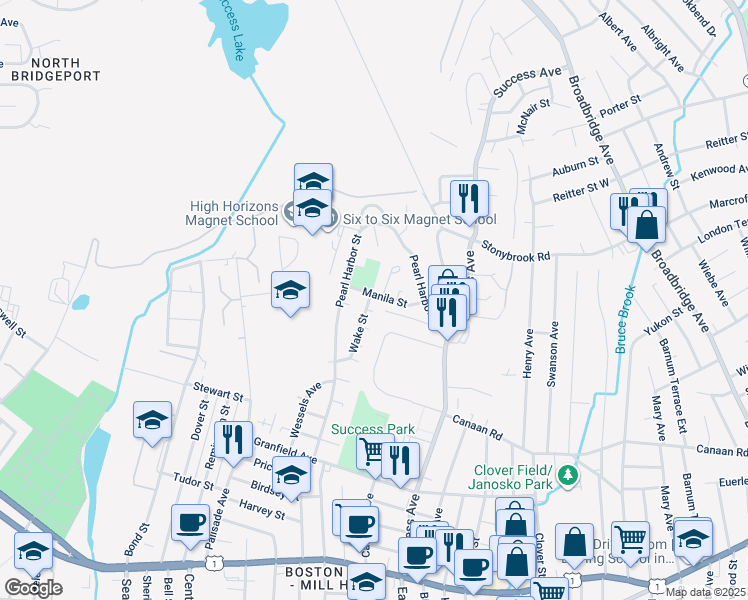 map of restaurants, bars, coffee shops, grocery stores, and more near 72 Manila Street in Bridgeport
