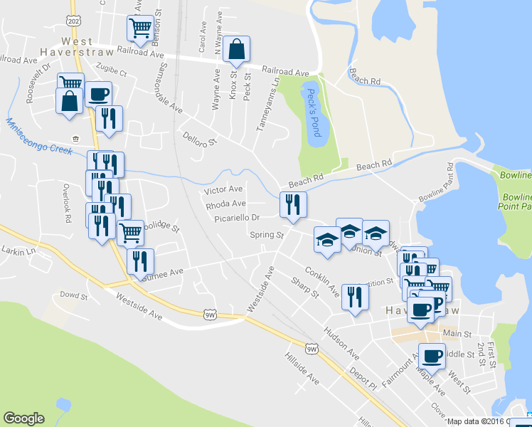 map of restaurants, bars, coffee shops, grocery stores, and more near 79 Picariello Drive in Haverstraw