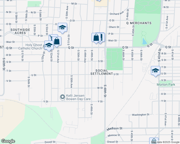 map of restaurants, bars, coffee shops, grocery stores, and more near 5452 South 49th Street in Omaha