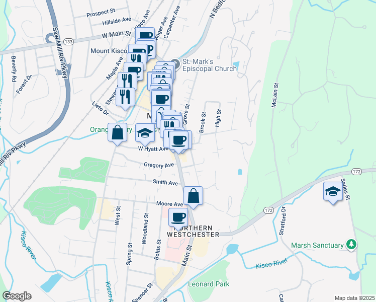 map of restaurants, bars, coffee shops, grocery stores, and more near 170 Grove Street in Mount Kisco
