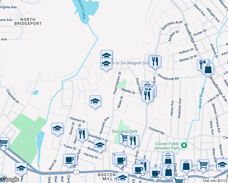 map of restaurants, bars, coffee shops, grocery stores, and more near 431 Pearl Harbor Street in Bridgeport