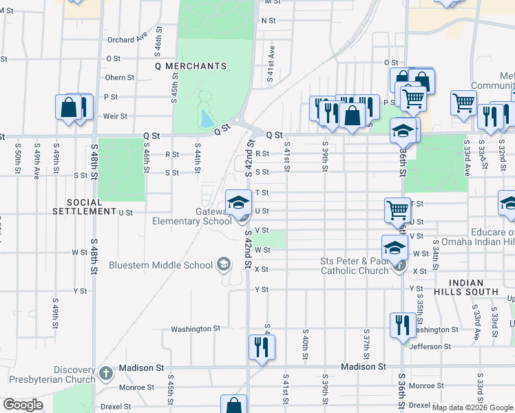 map of restaurants, bars, coffee shops, grocery stores, and more near 4132 U Street in Omaha