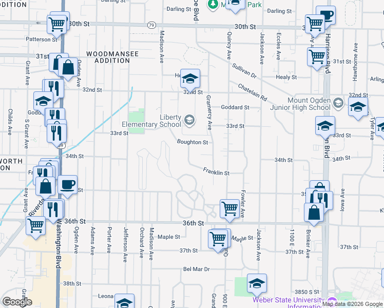 map of restaurants, bars, coffee shops, grocery stores, and more near 3376 Monroe Boulevard in Ogden