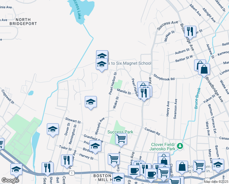 map of restaurants, bars, coffee shops, grocery stores, and more near 431 Pearl Harbor Street in Bridgeport