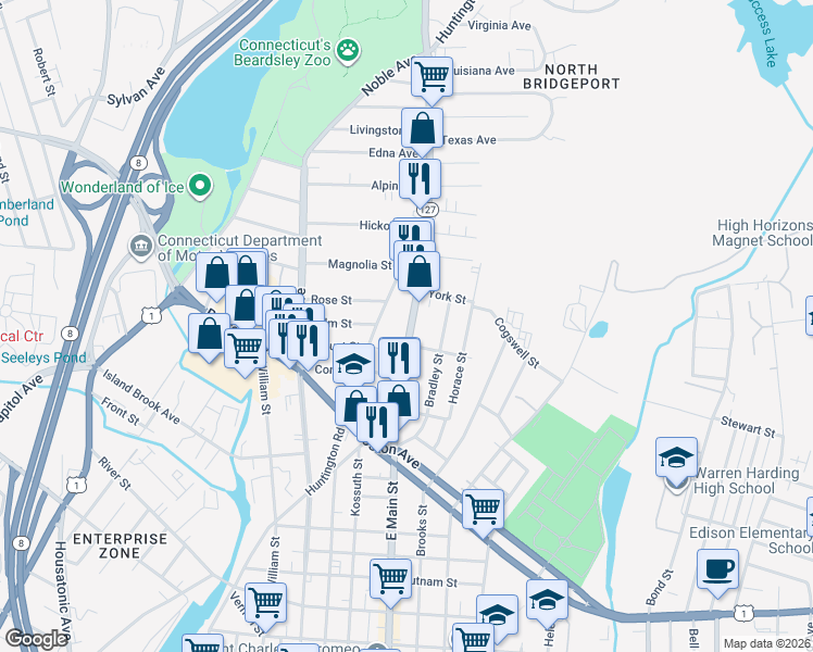 map of restaurants, bars, coffee shops, grocery stores, and more near 698 Huntington Road in Bridgeport
