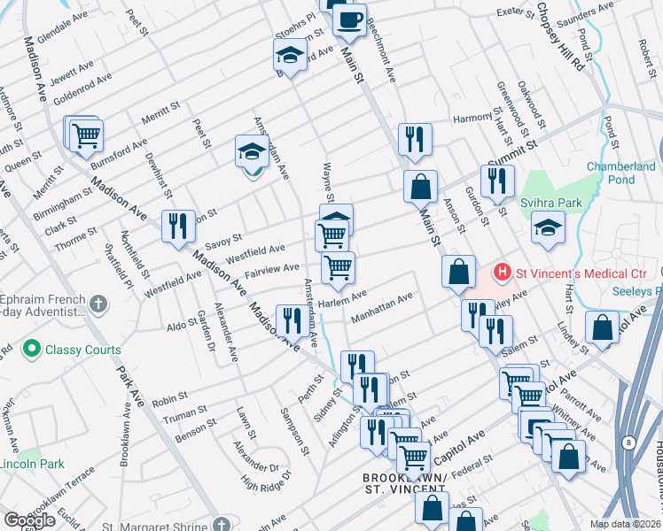 map of restaurants, bars, coffee shops, grocery stores, and more near 515 Fairview Avenue in Bridgeport