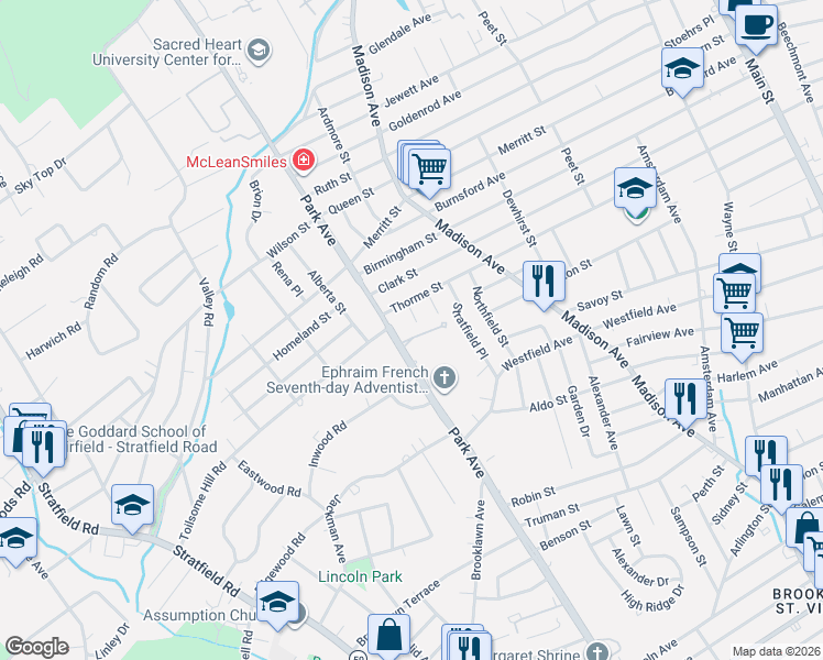 map of restaurants, bars, coffee shops, grocery stores, and more near 3358 Park Avenue in Fairfield