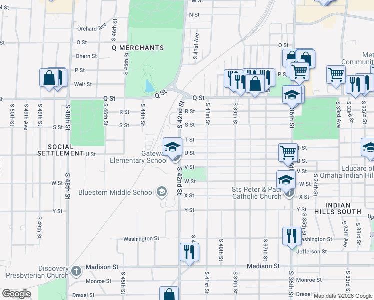 map of restaurants, bars, coffee shops, grocery stores, and more near 4132 U Street in Omaha