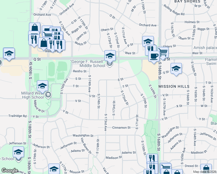 map of restaurants, bars, coffee shops, grocery stores, and more near 17216 T Circle in Omaha