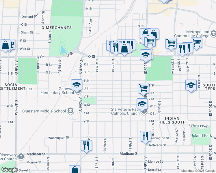 map of restaurants, bars, coffee shops, grocery stores, and more near 3916 U Street in Omaha