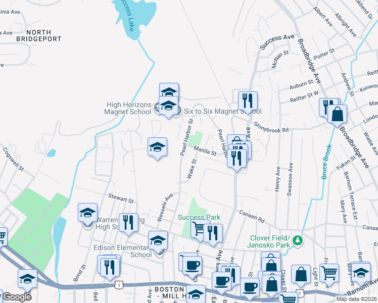 map of restaurants, bars, coffee shops, grocery stores, and more near 431 Pearl Harbor Street in Bridgeport