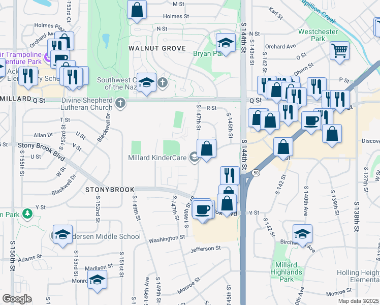 map of restaurants, bars, coffee shops, grocery stores, and more near 5606 South 147th Street in Omaha