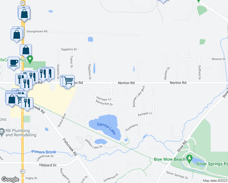 map of restaurants, bars, coffee shops, grocery stores, and more near 5152 Bridgeport Lane in Stow