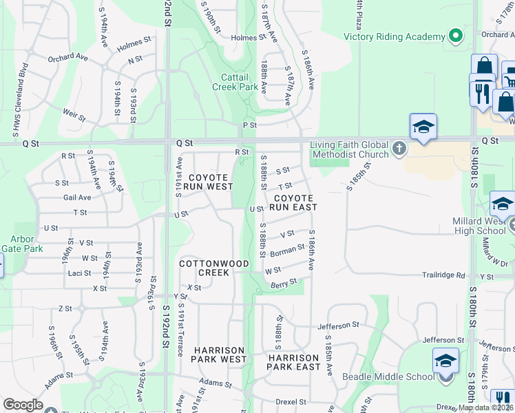 map of restaurants, bars, coffee shops, grocery stores, and more near 18814 U Street in Omaha