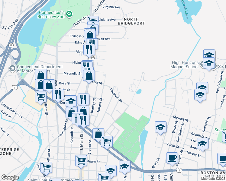 map of restaurants, bars, coffee shops, grocery stores, and more near 75 Cogswell Street in Bridgeport