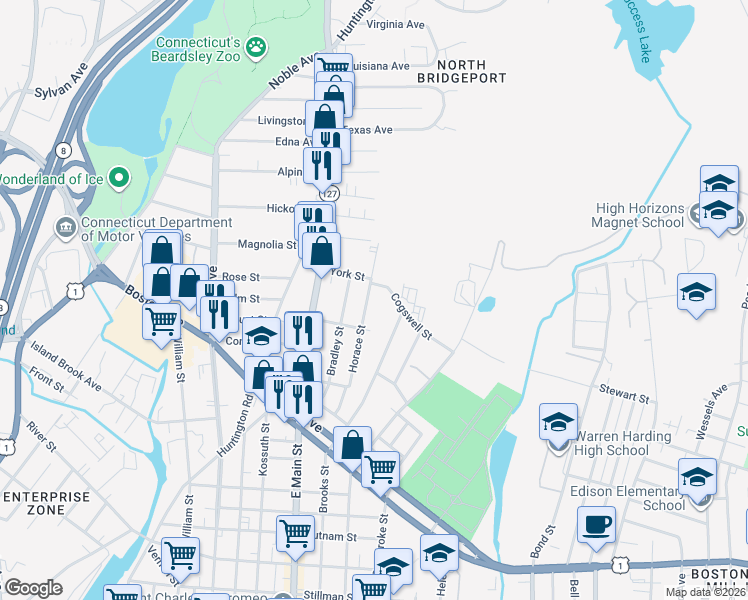 map of restaurants, bars, coffee shops, grocery stores, and more near 282 Horace Street in Bridgeport