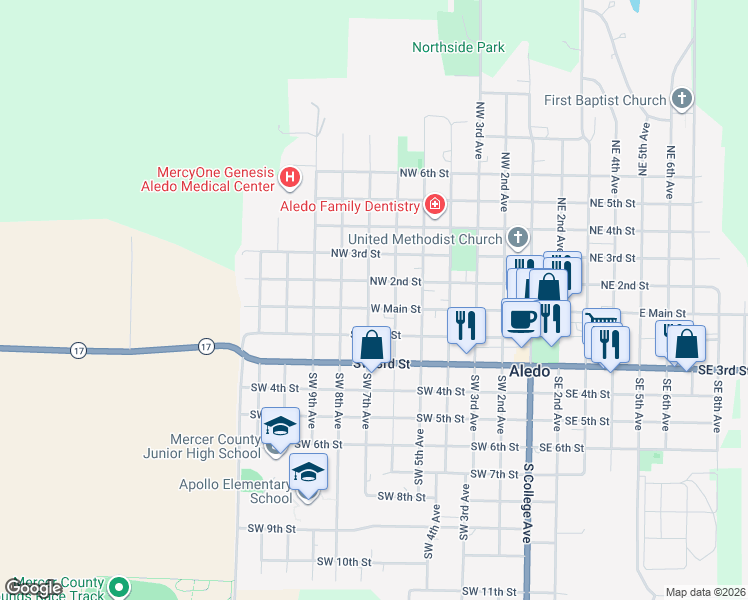 map of restaurants, bars, coffee shops, grocery stores, and more near 609 West Main Street in Aledo