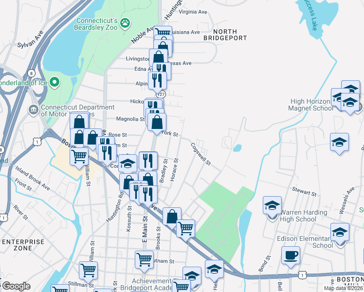 map of restaurants, bars, coffee shops, grocery stores, and more near 282 Horace Street in Bridgeport