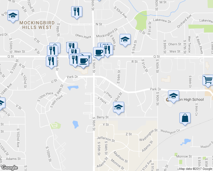 map of restaurants, bars, coffee shops, grocery stores, and more near 5605 South 95th Court in Omaha