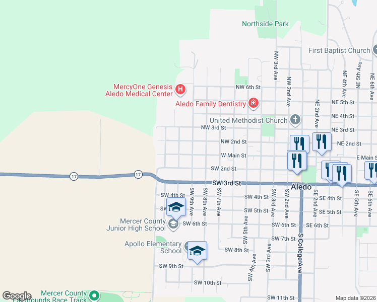 map of restaurants, bars, coffee shops, grocery stores, and more near 901 West Main Street in Aledo