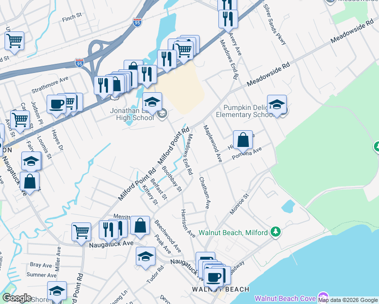 map of restaurants, bars, coffee shops, grocery stores, and more near 250 Meadows End Road in Milford