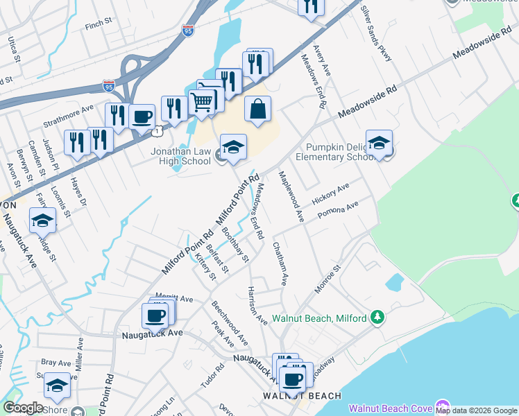 map of restaurants, bars, coffee shops, grocery stores, and more near 250 Meadows End Road in Milford