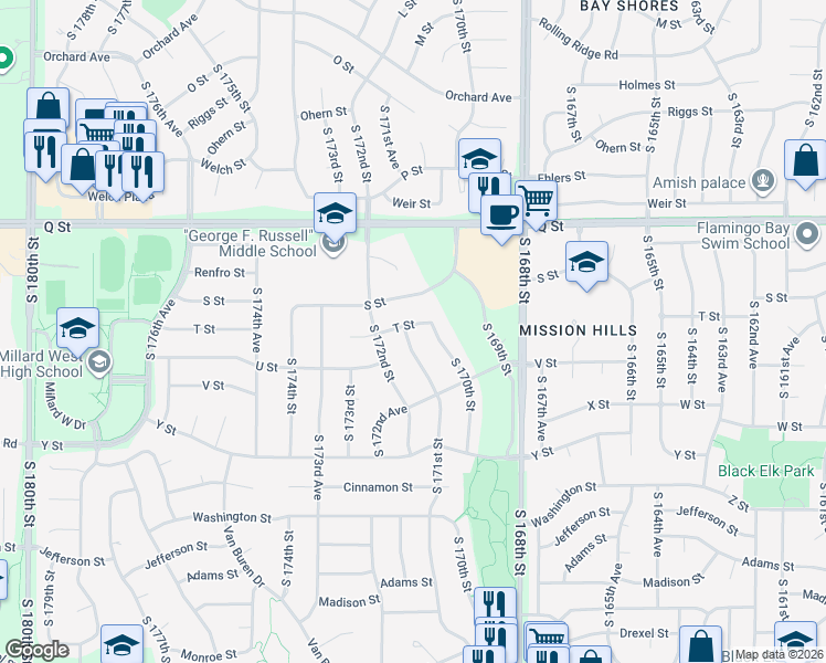 map of restaurants, bars, coffee shops, grocery stores, and more near 5503 S 171st St in Omaha