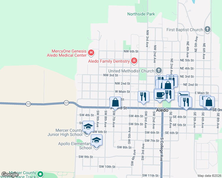 map of restaurants, bars, coffee shops, grocery stores, and more near 609 W Main St in Aledo