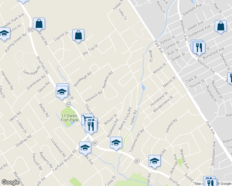 map of restaurants, bars, coffee shops, grocery stores, and more near 101 Chatham Road in Fairfield