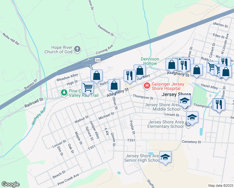 map of restaurants, bars, coffee shops, grocery stores, and more near 1231 Allegheny Street in Jersey Shore
