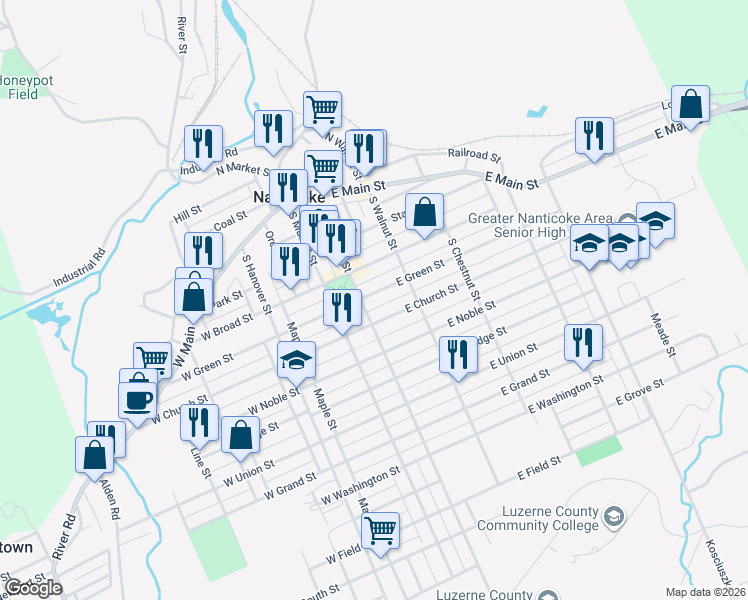 map of restaurants, bars, coffee shops, grocery stores, and more near 35 East Green Street in Nanticoke