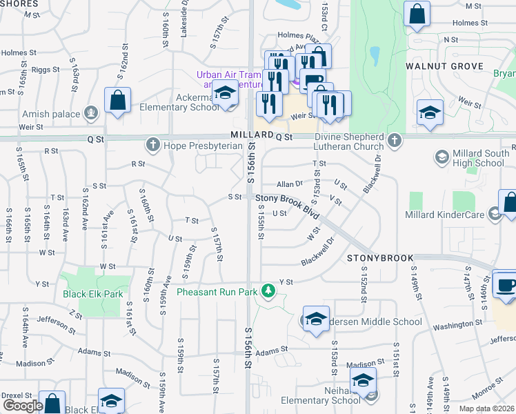map of restaurants, bars, coffee shops, grocery stores, and more near 5612 South 155th Street in Omaha
