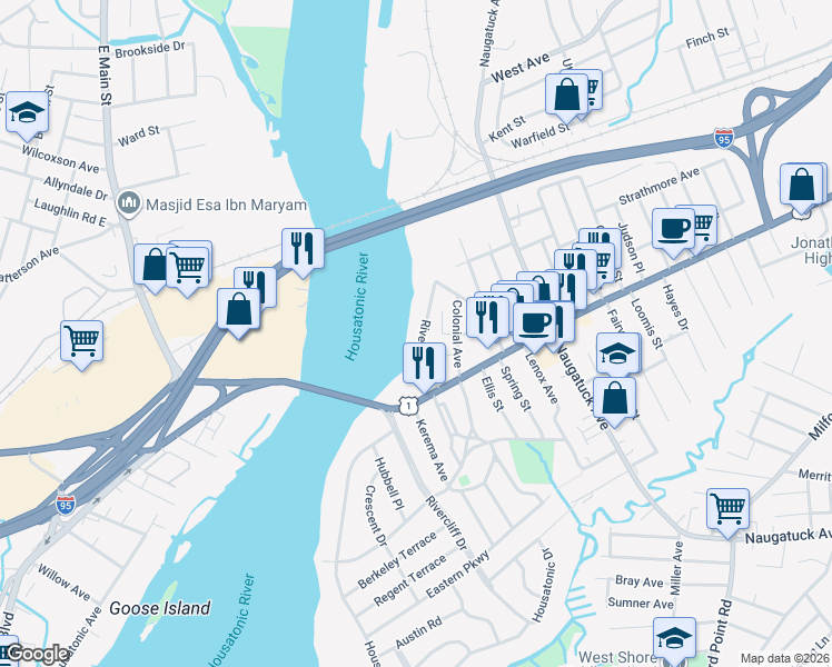 map of restaurants, bars, coffee shops, grocery stores, and more near 44 Riverside Drive in Milford