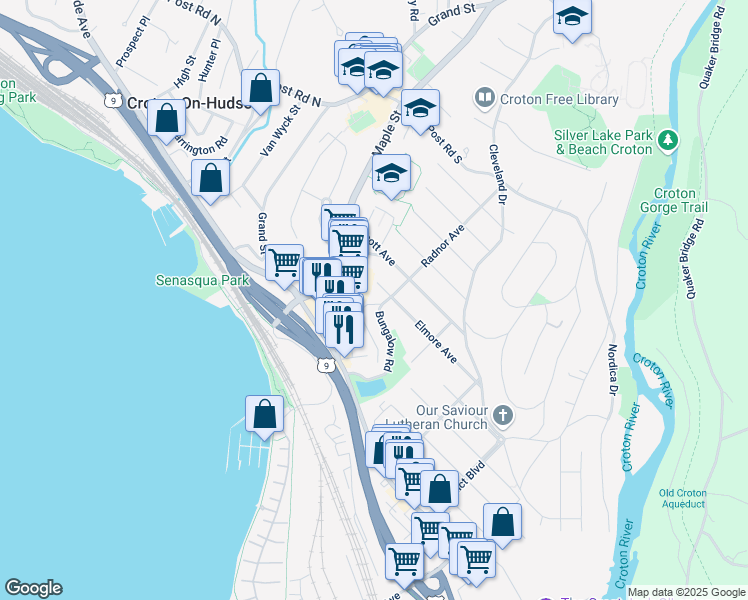 map of restaurants, bars, coffee shops, grocery stores, and more near 31 Ridge Road in Croton-on-Hudson