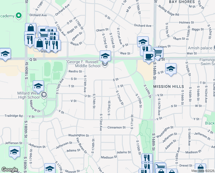map of restaurants, bars, coffee shops, grocery stores, and more near 17216 T Circle in Omaha
