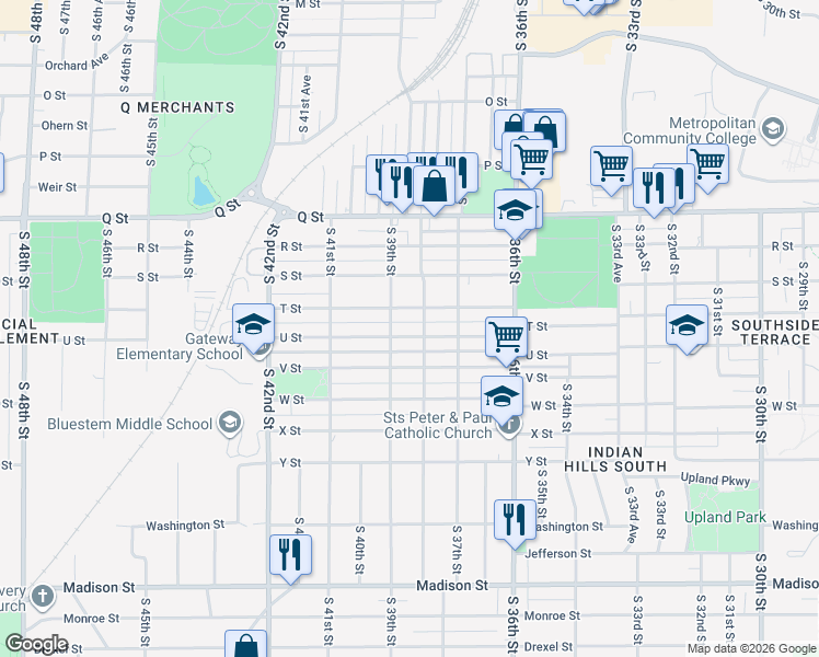 map of restaurants, bars, coffee shops, grocery stores, and more near 3812 U Street in Omaha