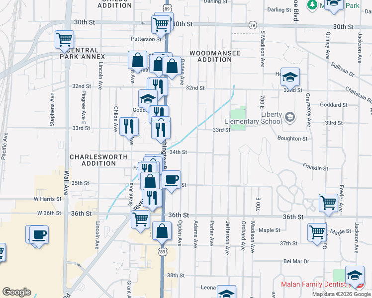 map of restaurants, bars, coffee shops, grocery stores, and more near 460 34th Street in Ogden