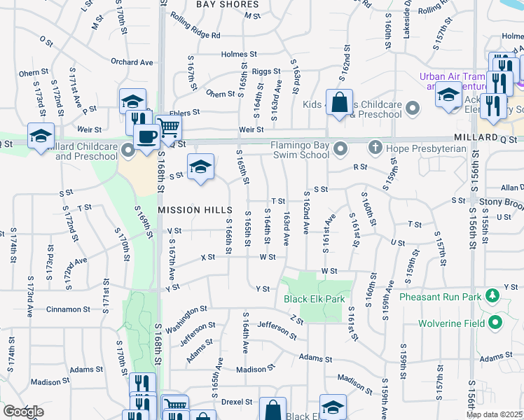 map of restaurants, bars, coffee shops, grocery stores, and more near 5508 South 164th Street in Omaha