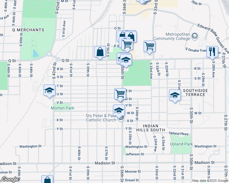 map of restaurants, bars, coffee shops, grocery stores, and more near 3624 U St in Omaha