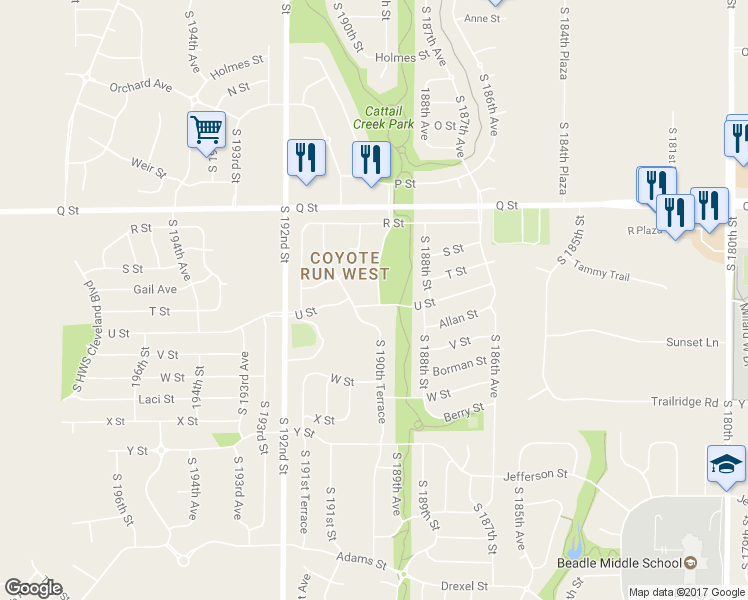 map of restaurants, bars, coffee shops, grocery stores, and more near 18908 U Street in Omaha