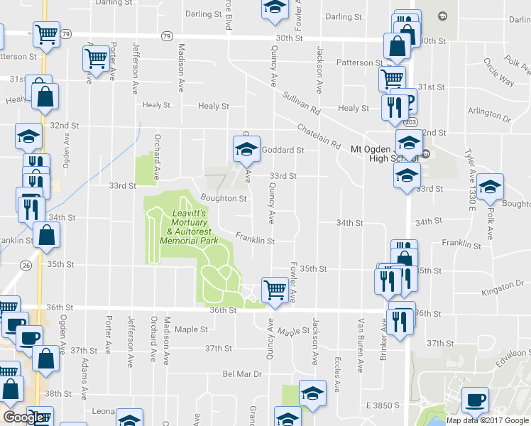 map of restaurants, bars, coffee shops, grocery stores, and more near 3377 Quincy Ave in Ogden