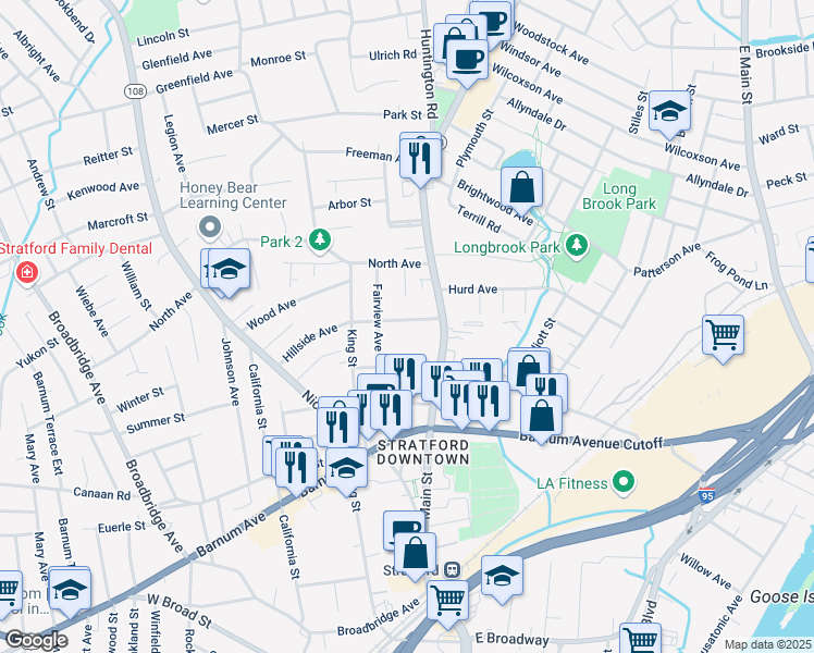 map of restaurants, bars, coffee shops, grocery stores, and more near 1083 Hillside Avenue in Stratford