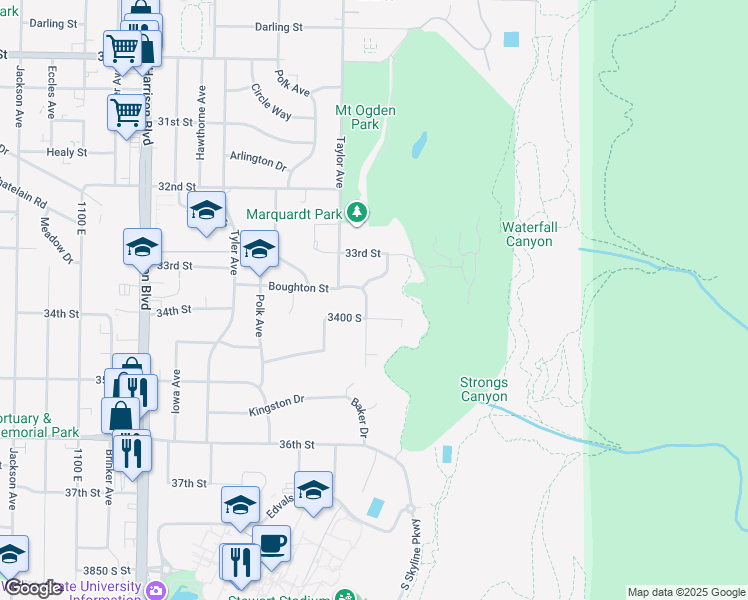 map of restaurants, bars, coffee shops, grocery stores, and more near 3362 Baker Drive in Ogden