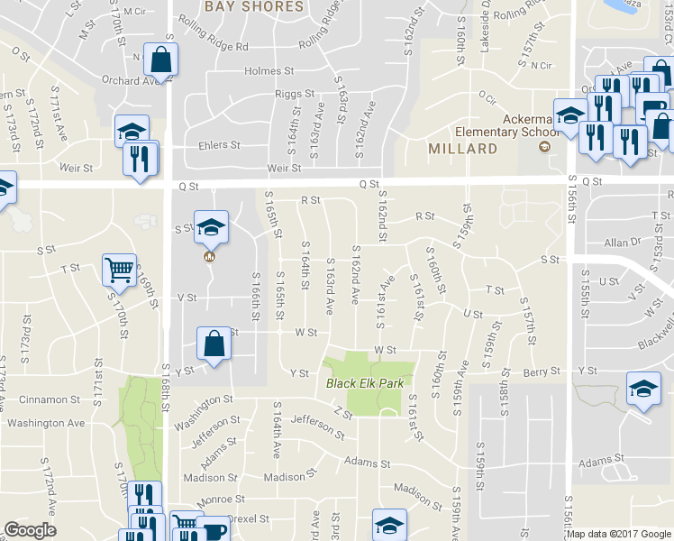 map of restaurants, bars, coffee shops, grocery stores, and more near 5511 South 163rd Avenue in Omaha